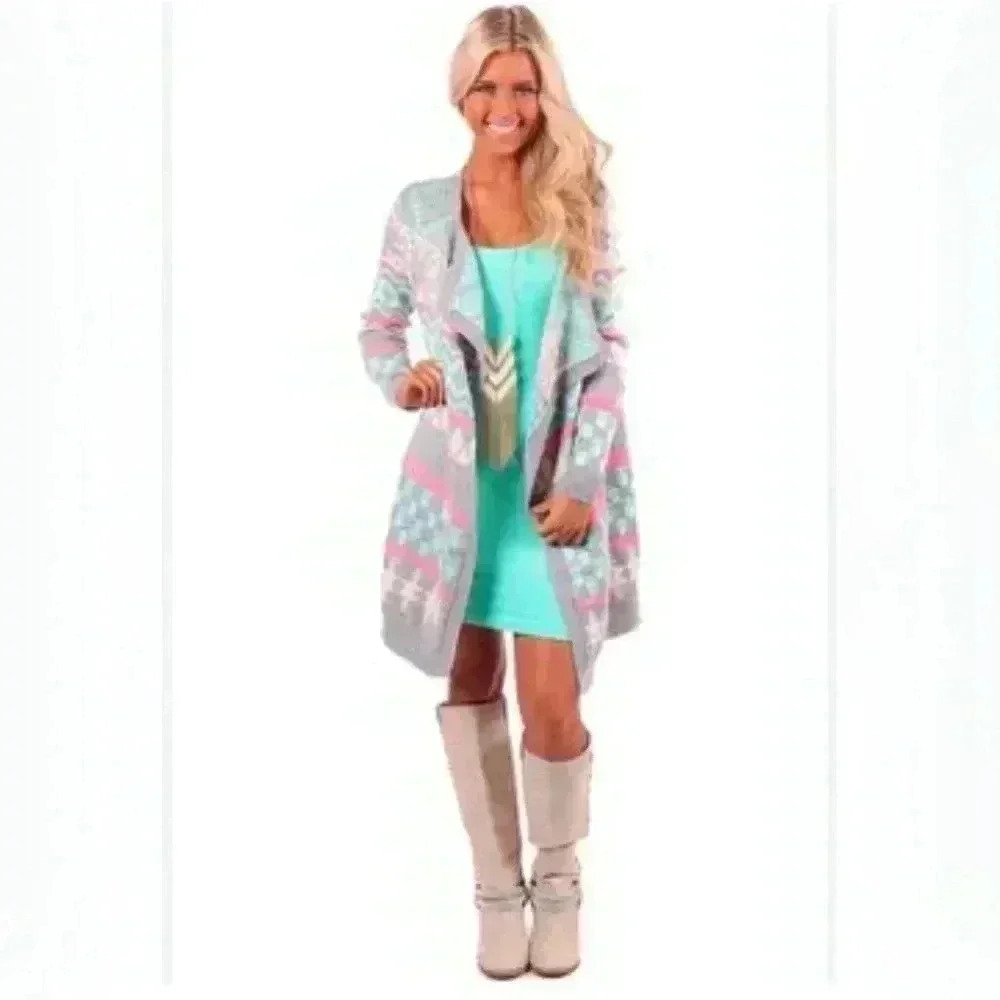 Limelush Cool Sweater Pink Gray Blue White sz S/M Open Front